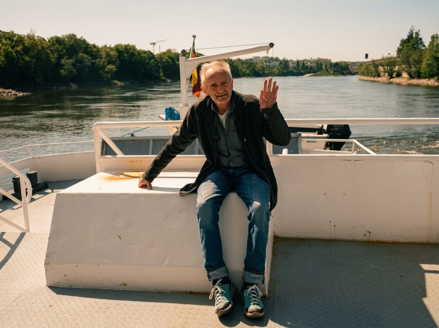 Detlef Wisur winkt von einem Boot auf dem Fluss — der Planer hinter Event Visuell, persönlich
