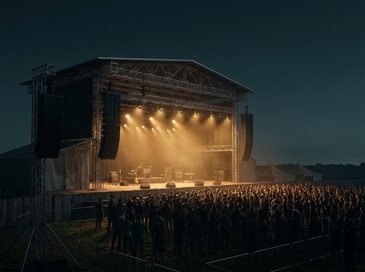 Fertig aufgebaute Open-Air-Bühne bei Nacht — Truss-Konstruktion, Line-Array und Amber-Scheinwerfer über dem Publikum